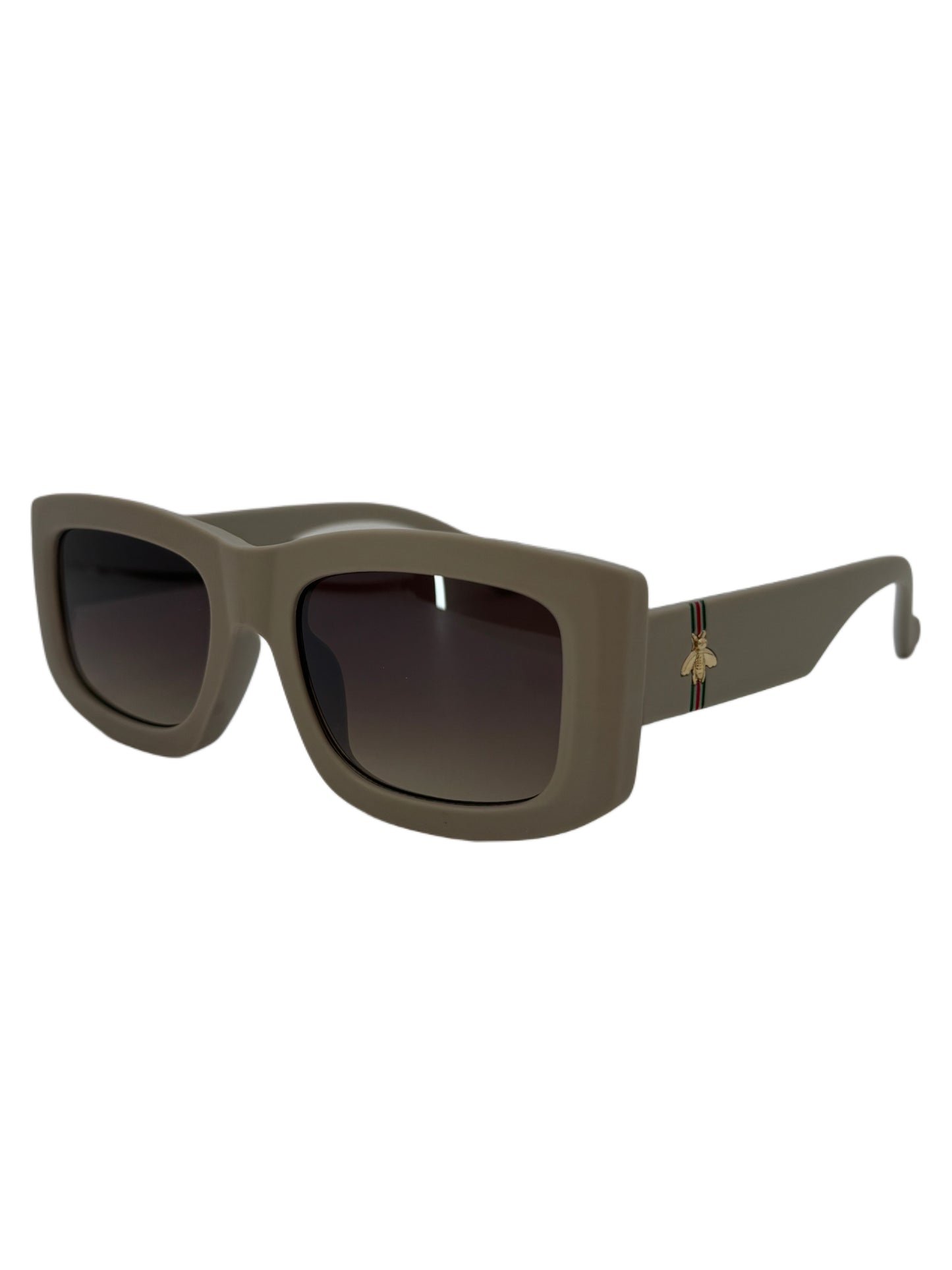 Bold Square Beige Sunglasses with Gold Bee Accent