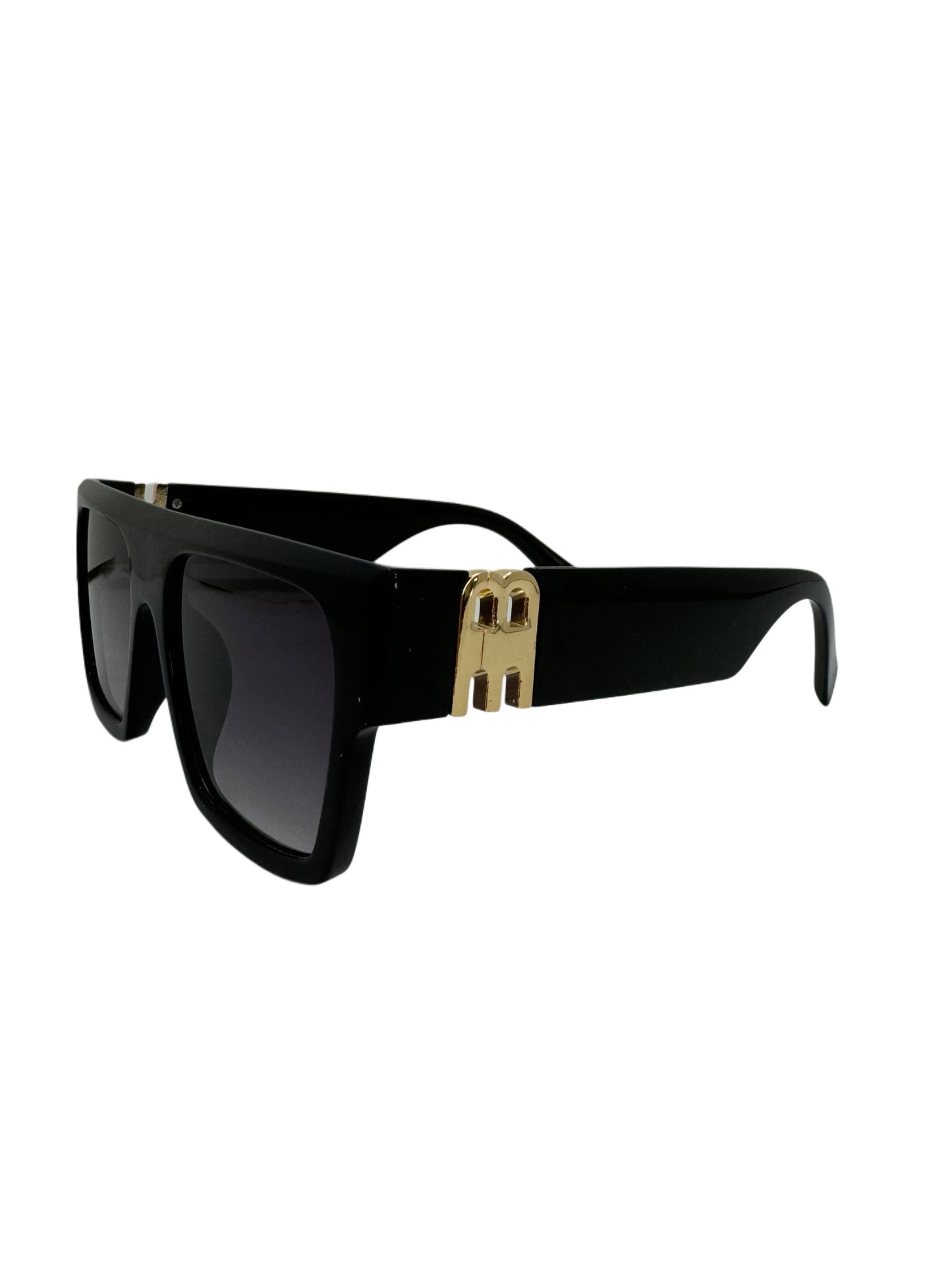 Bold Rectangular Sunglasses with Gold Accent Temples and Dark Gradient Lenses