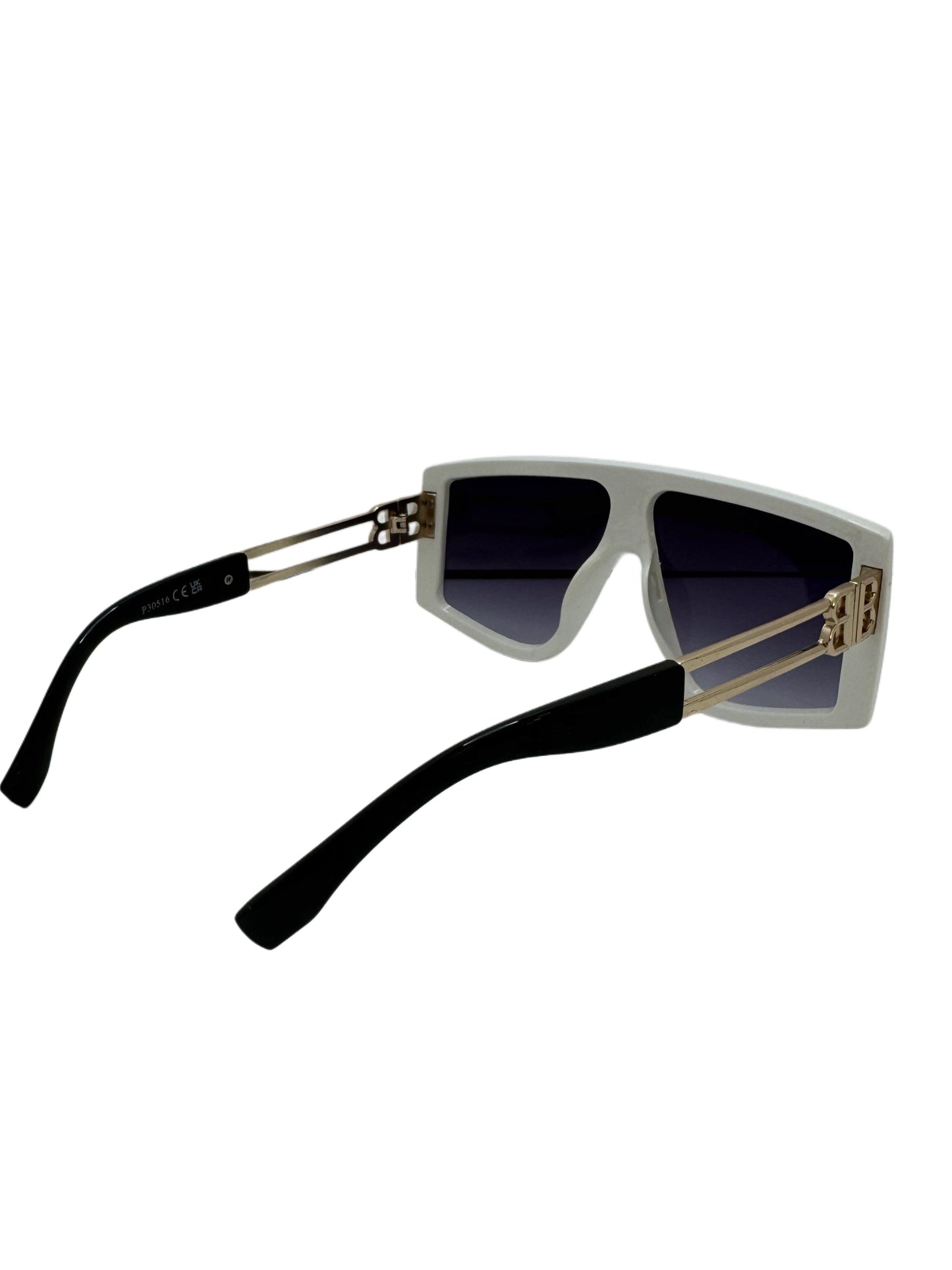 Modern White Shield Sunglasses with Gold Open Metal Temples and Dark Gradient Lenses