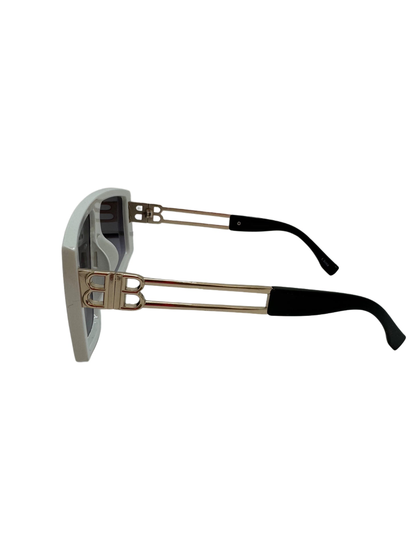 Modern White Shield Sunglasses with Gold Open Metal Temples and Dark Gradient Lenses