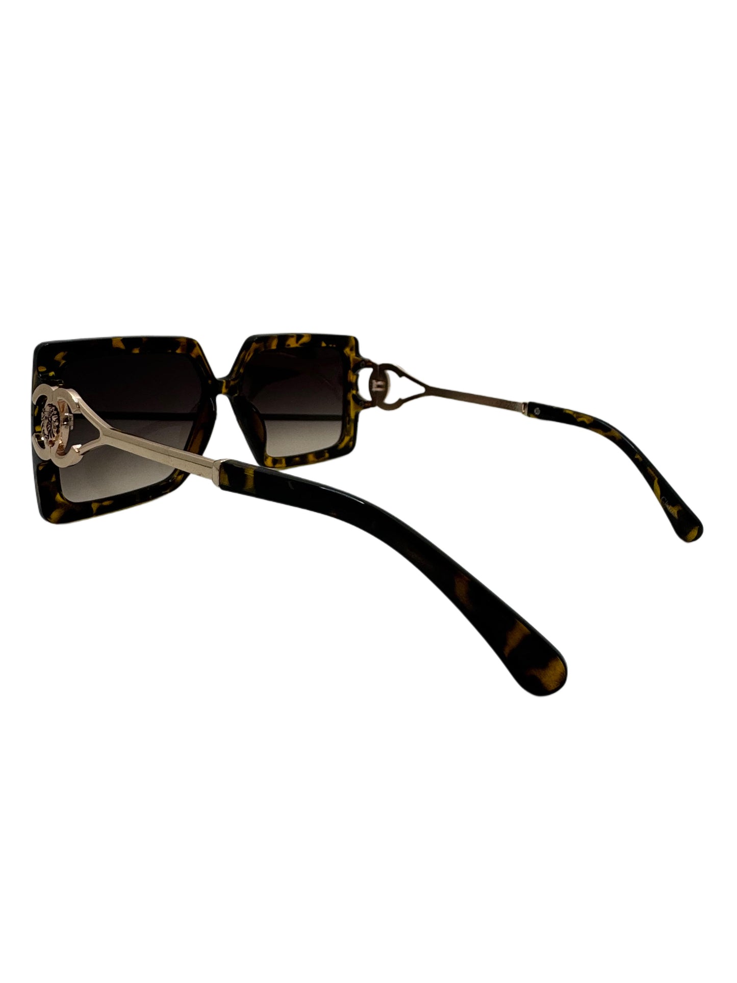 Geometric Tortoiseshell Sunglasses with Gold Lionhead Accent and Gradient Lenses
