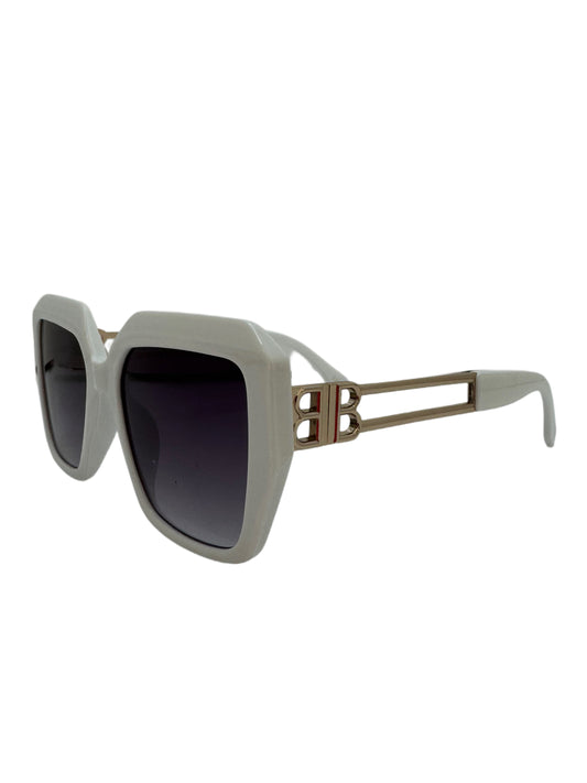 Geometric White Sunglasses with Gold Open Metal Temples and Gradient Lenses