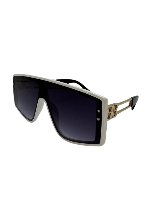 Modern White Shield Sunglasses with Gold Open Metal Temples and Dark Gradient Lenses