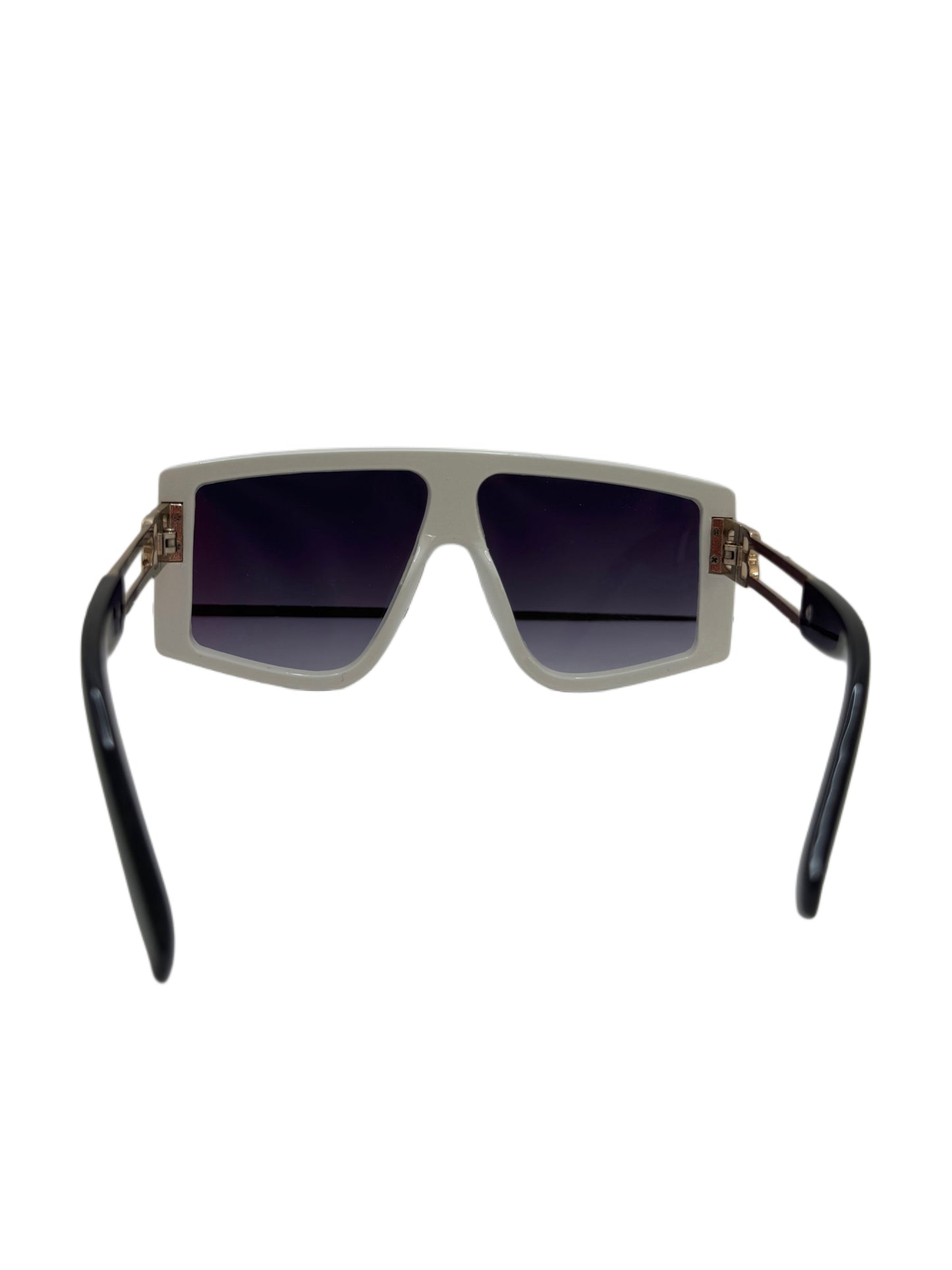 Modern White Shield Sunglasses with Gold Open Metal Temples and Dark Gradient Lenses