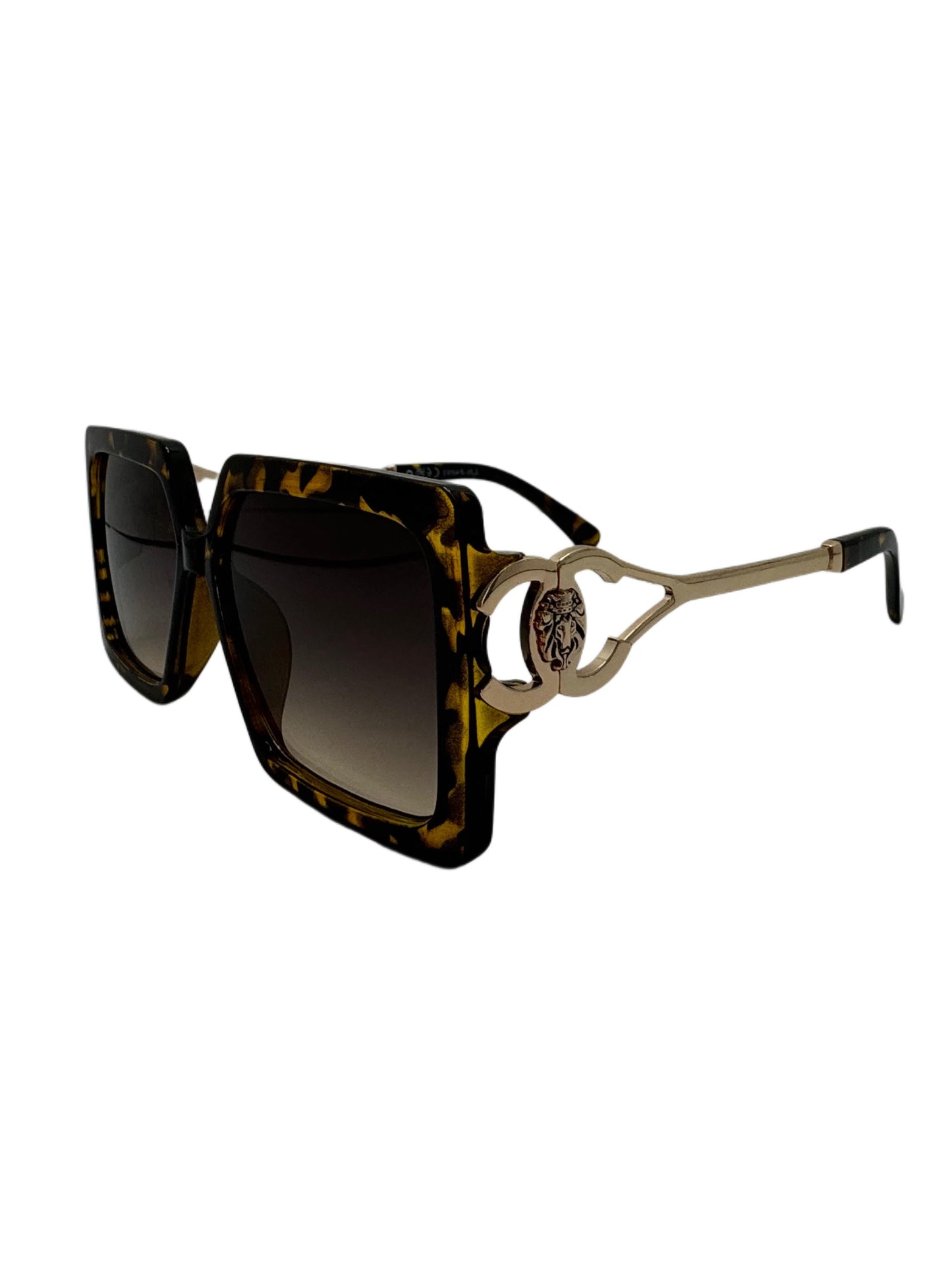 Geometric Tortoiseshell Sunglasses with Gold Lionhead Accent and Gradient Lenses